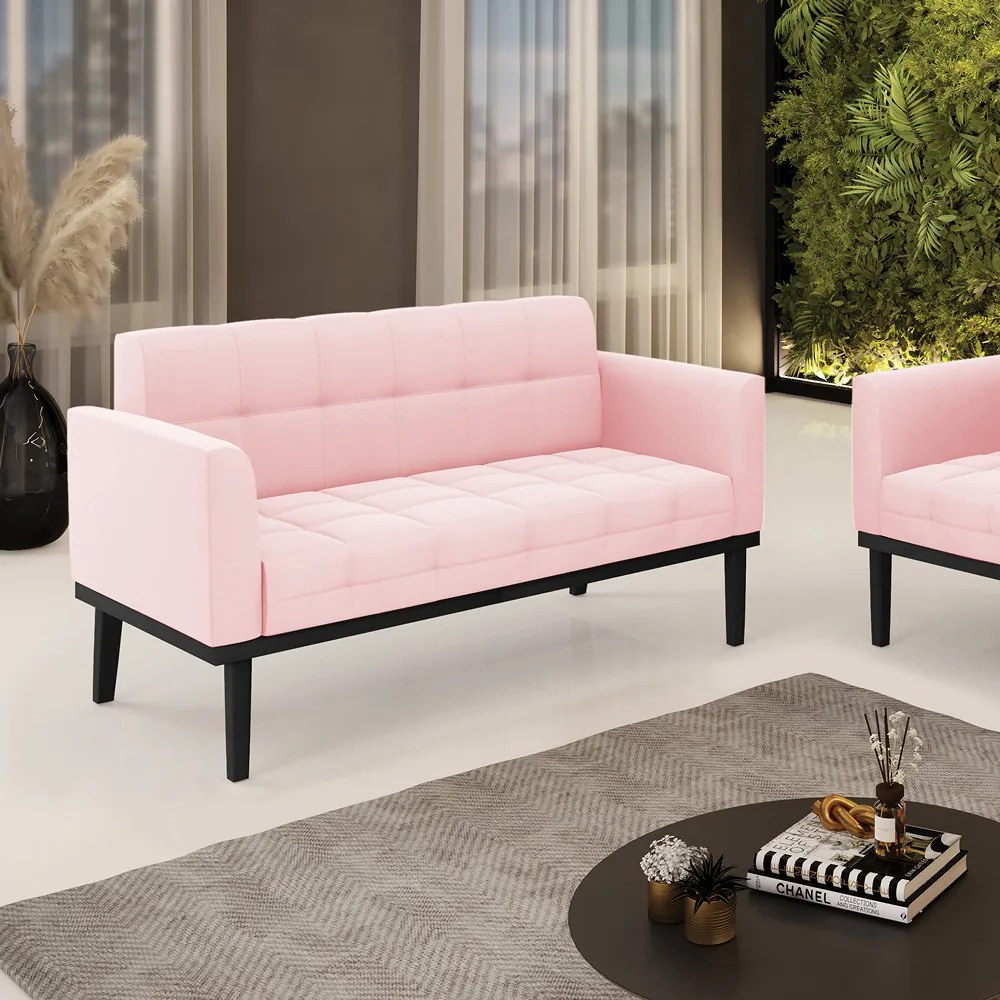 Poltrona Namoradeira Decorativa Karen Pés Fixo em Madeira Preto Suede Rosa Bebê G19 - Gran Belo