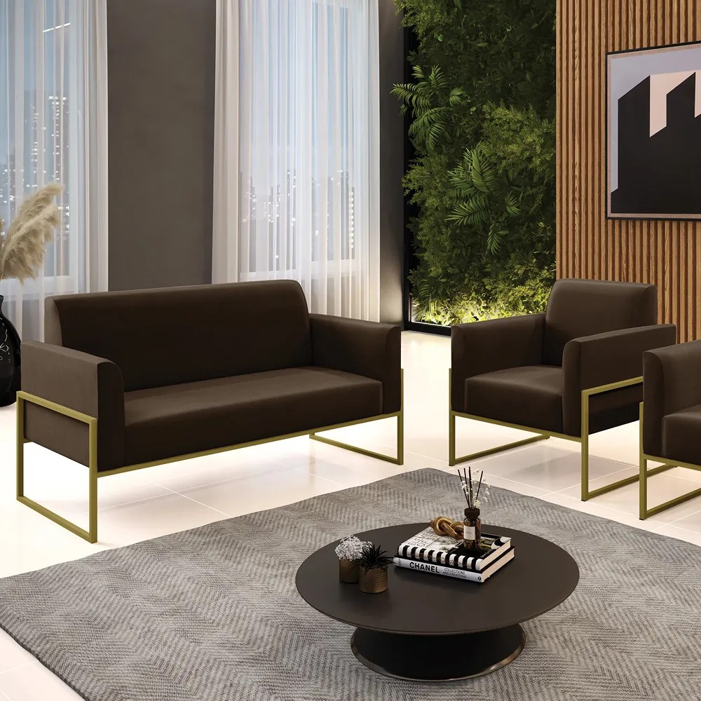 Sofá Namoradeira com Poltrona Base Industrial Alta Dourado Marisa Suede D03 - D'Rossi - Marrom