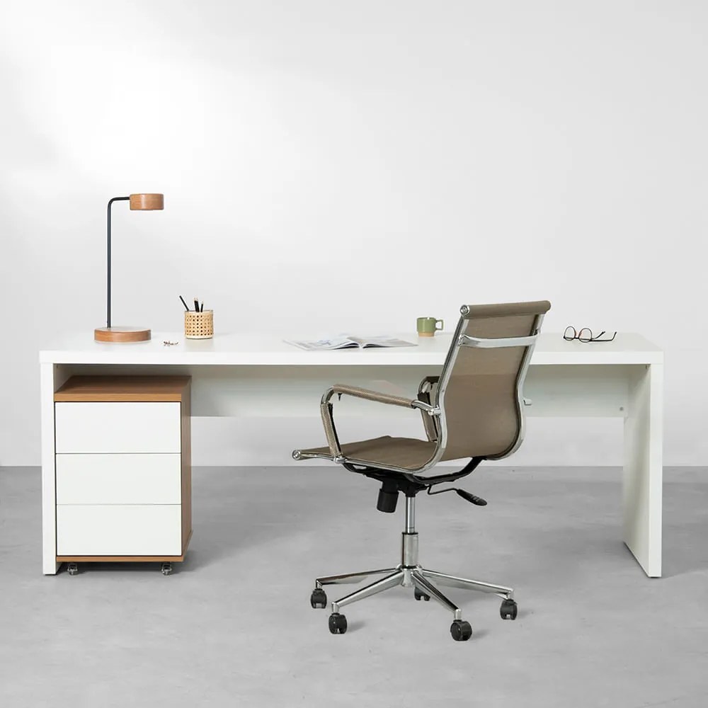 Conjunto Office - Bancada Contemporânea Branco 1,80m + Módulo Contemporâneo Louro Freijó e Branco 42,5cm + Cadeira de Escritório Noruega Cobre