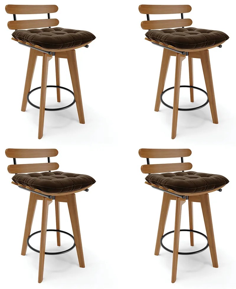 Kit 04 Banquetas Giratória Costela Suede Base Madeira MA70 - D'Rossi - Marrom