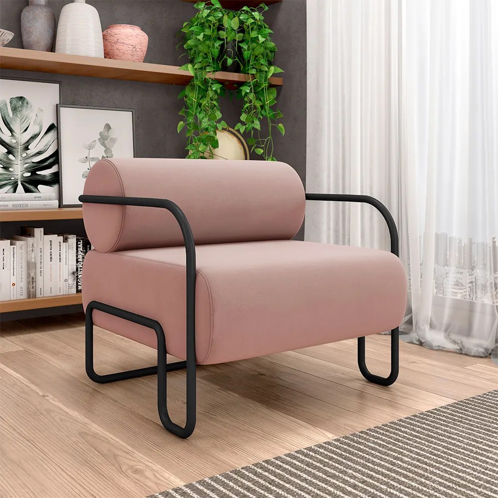 Kit 2 Poltronas Decorativas Sala de Estar Polatsk Base Industrial de Ferro Veludo Rosê G33 - Gran Belo