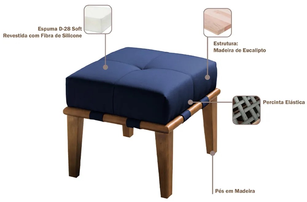 Kit 02 Puffs Decorativos 45cm Martínez Veludo Pés Madeira Azul/Mel G62 - Gran Belo
