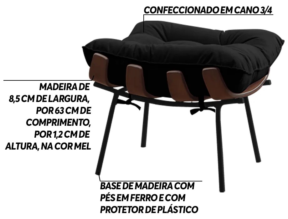 Kit 2 Puffs Decorativos Sala de Estar Abel Base de Madeira Preto Veludo Preto G41 - Gran Belo