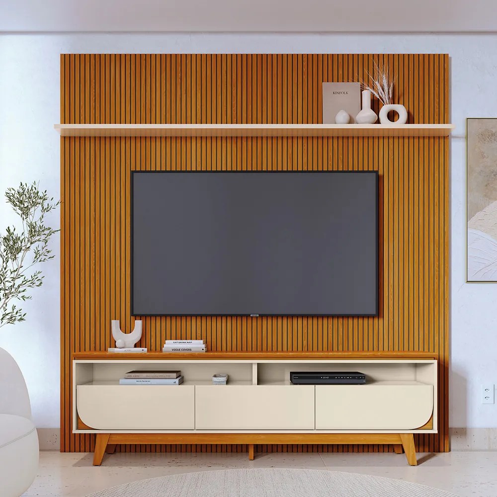 Painel TV 75 Pol 238cm Ripado Kalven e Bancada Elarin M20 - D'Rossi - Cinamomo(fosco)/Off White(brilho)