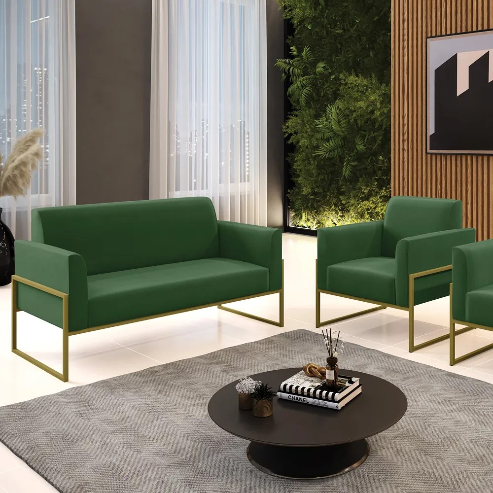 Sofá Namoradeira com Poltrona Base Industrial Alta Dourado Marisa Suede D03 - D'Rossi - Verde