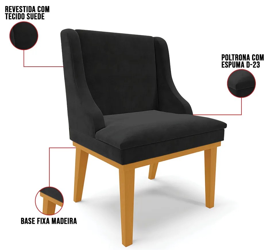 Cadeira de Jantar Liz Suede Preto Base Fixa Madeira Castanho D03 - D'Rossi