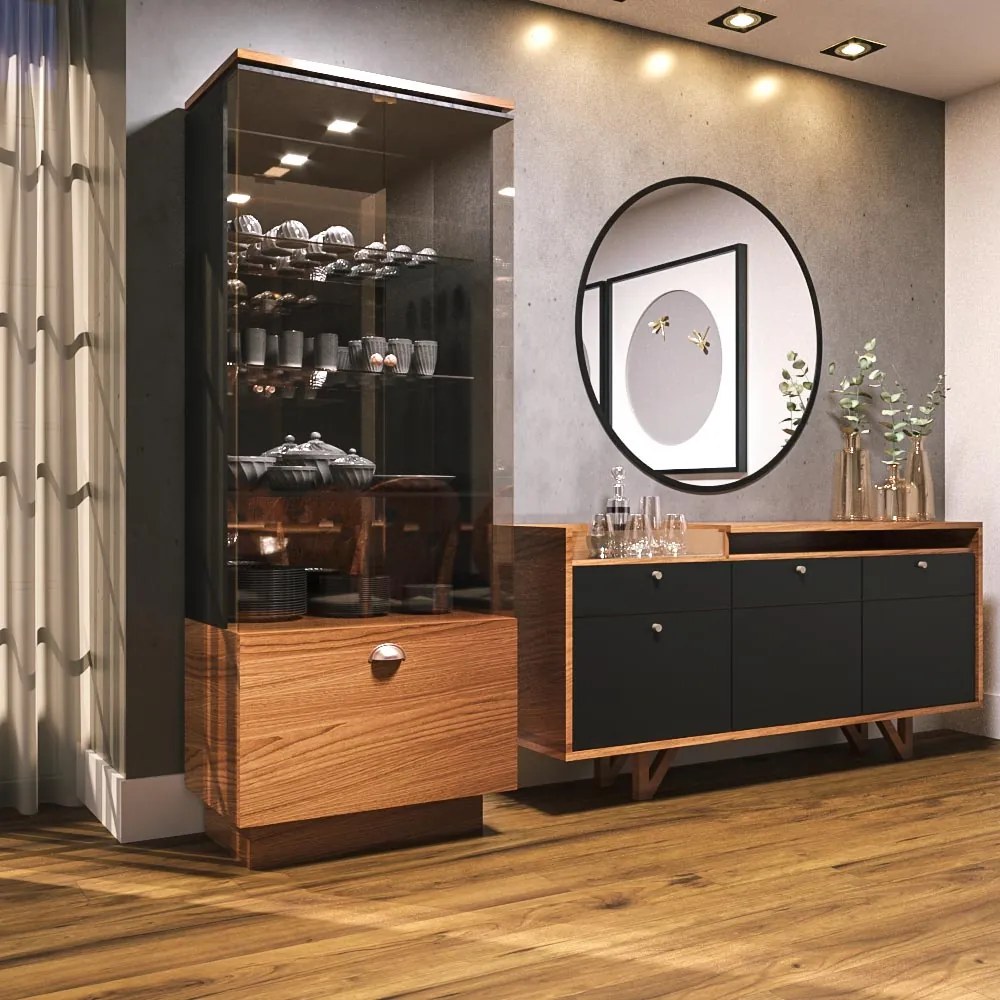 Conjunto Decorativo Cristaleira e Buffet Aparador Peggy/Noeli Preto / Nature G26 - Gran Belo