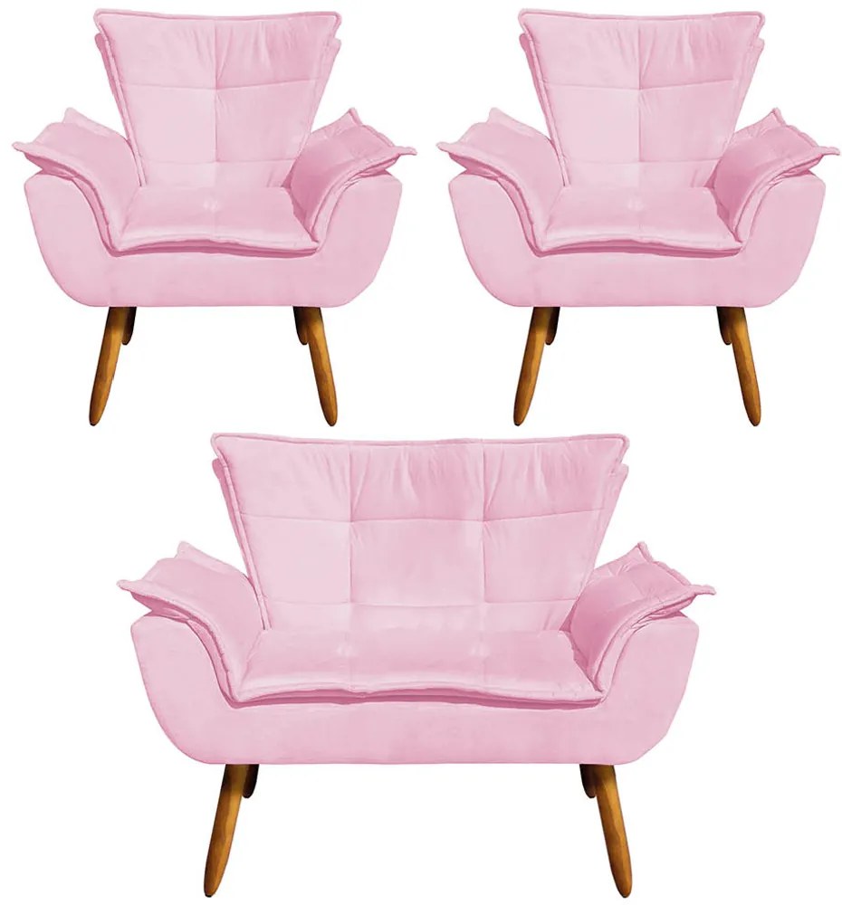 Conjunto 2 Poltronas e 1 Namoradeira Pés Palito Charger Suede Rosa G19 - Gran Belo
