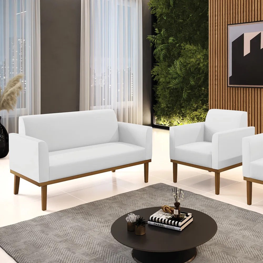 Sofá Namoradeira com Poltrona Base de Madeira Fixa Castanho Marisa Corino  D03 - D'Rossi - Branco