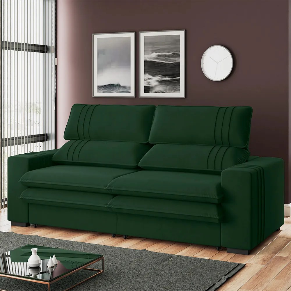Sofá 2 Lugares Retrátil Noruega 230 cm Veludo Pés Tabaco - D'Rossi - Verde Militar