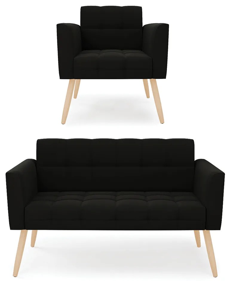 Kit 1 Sofá Namoradeira e 1 Poltrona Elisa Suede Preto Pés Palito Natural - D'Rossi