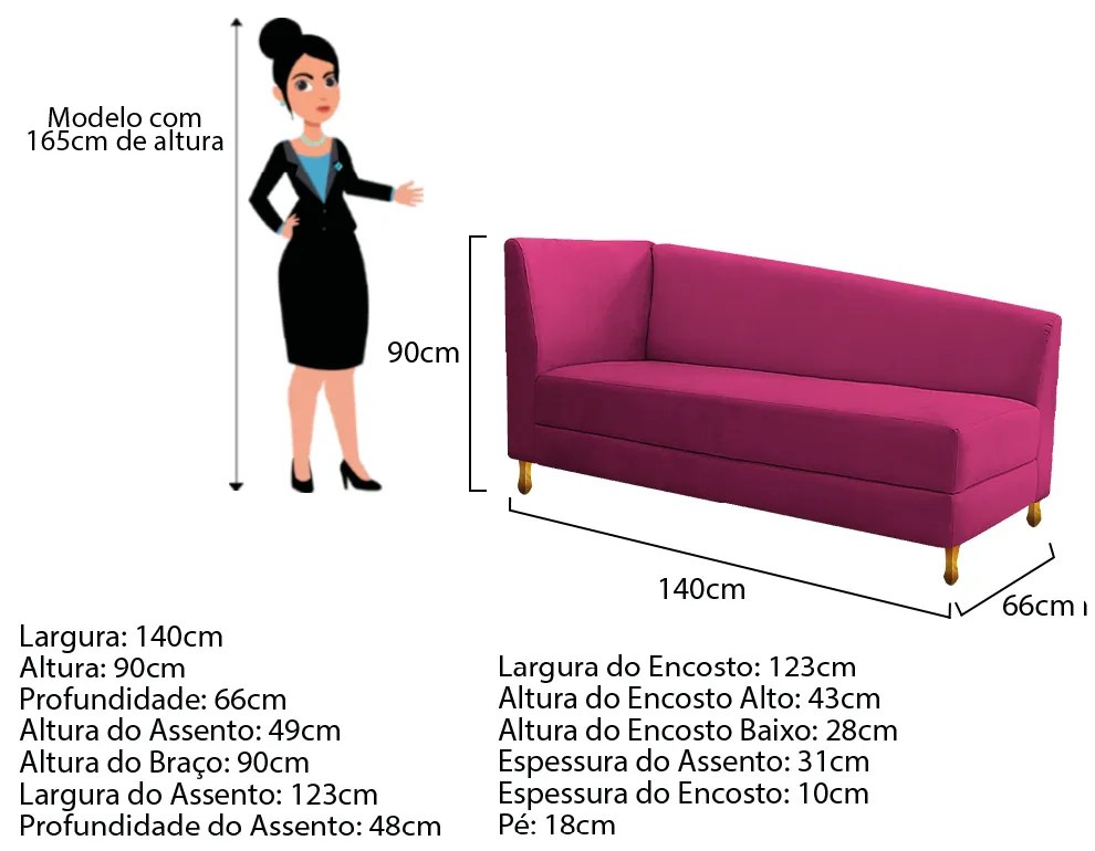Recamier Valéria 140cm Lado Direito Suede Pink - ADJ Decor