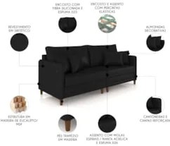Sofá 3 Lugares Living 192cm Pé Madeira Zoe Sintético Preto Z08 - Mpoze