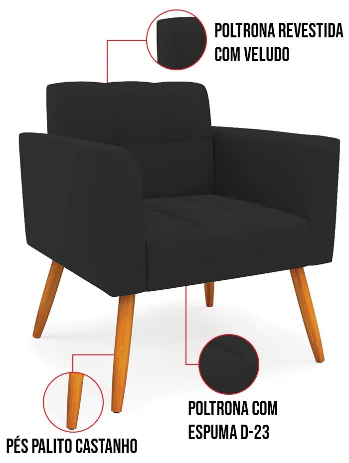 Kit 1 Sofá Namoradeira e 2 Poltronas Elisa Veludo Pés Palito Castanho D03 - D'Rossi - Preto