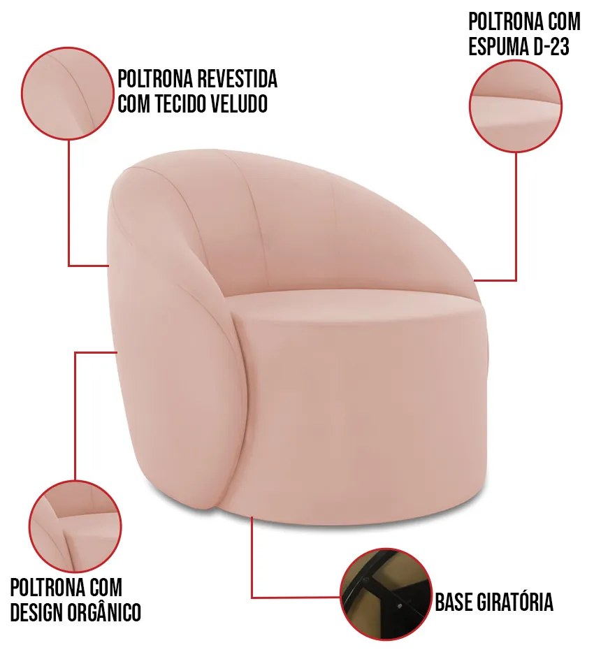 Sofá 3 Lugares Orgânico 180cm Morgan e Poltrona Lua Veludo Rose D03 - D'Rossi