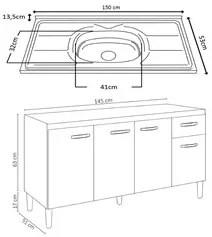 Balcão Gabinete Com Pia Inox 150cm 4 Portas e 1 Gaveta Gabriela Cinza