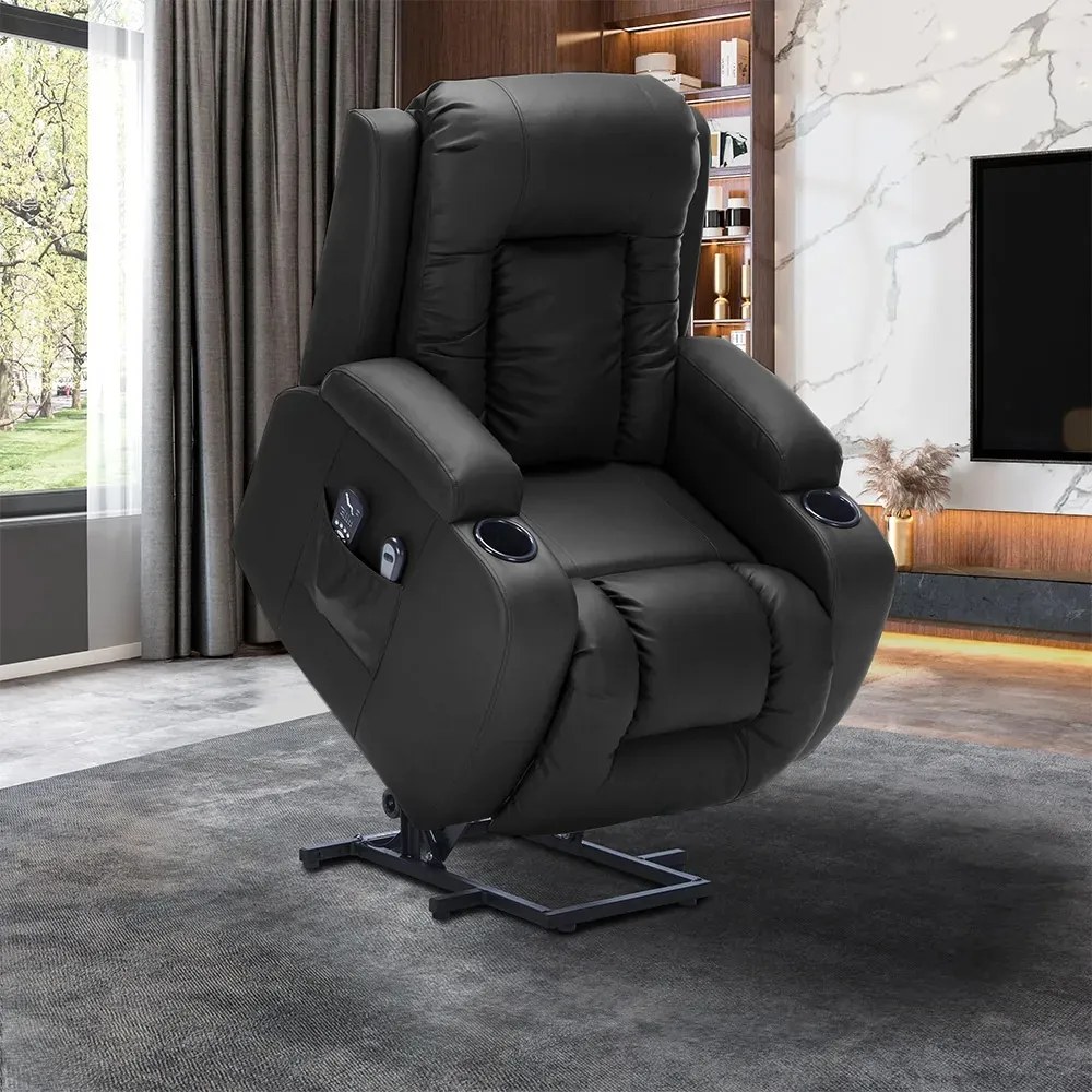 Poltrona do Papai Austin Elétrica Lift Reclinável Sala de Estar Aquecimento Massagem PU Preto G94 - Gran Belo