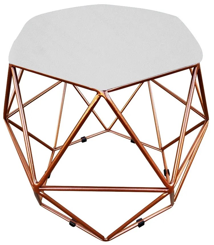 Puff Aramado Hexagono Decorativo Industrial Cobre com Sintético Branco