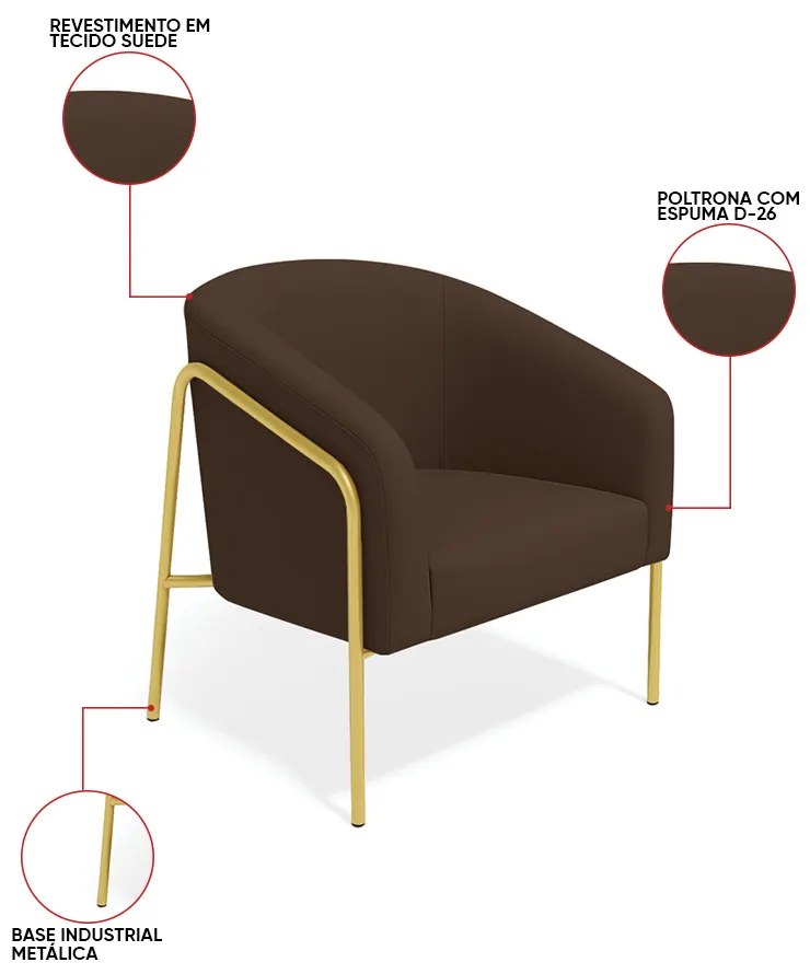 Poltrona Sala Industrial Alta Dourado Stella Suede D03 - D'Rossi - Marrom