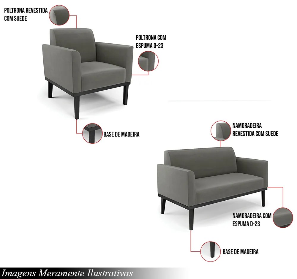 Conjunto 2 Poltronas e 1 Namoradeira Decorativa Isabella Pés Fixo em Madeira Preto Suede Grafite G19 - Gran Belo