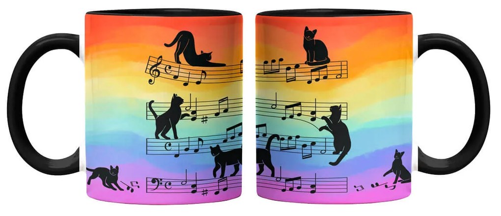 Caneca Gato Musical Arco Iris Cat Lover Colorida com Alça Preto