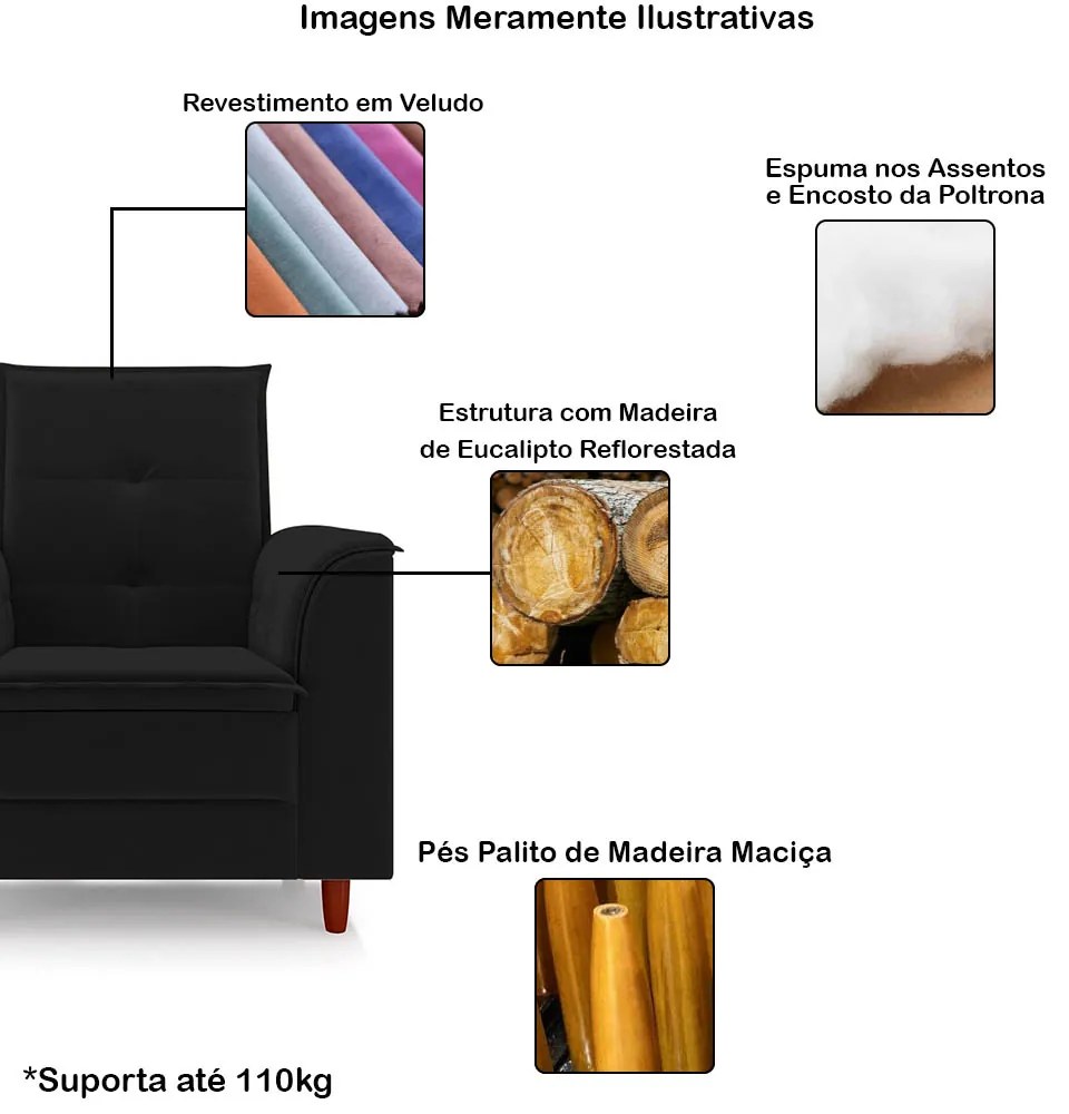 Poltrona da Mamãe Sala de estar Gracy com Pés Palito Veludo Preto G85 - Gran Belo