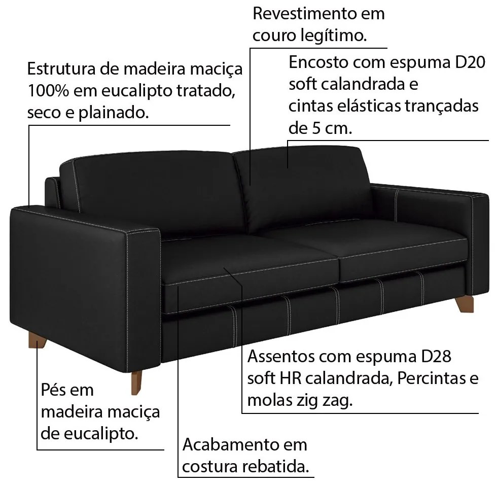 Sofá 3 Lugares Sala de Estar Recepção 220cm Presley Couro Preto G52 - Gran Belo