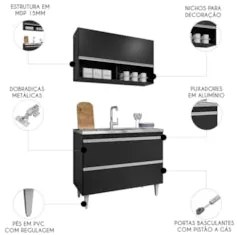 Armário de Cozinha Com Nichos CP01 Com Pia 100cm Z34 Preto  - Mpozenat