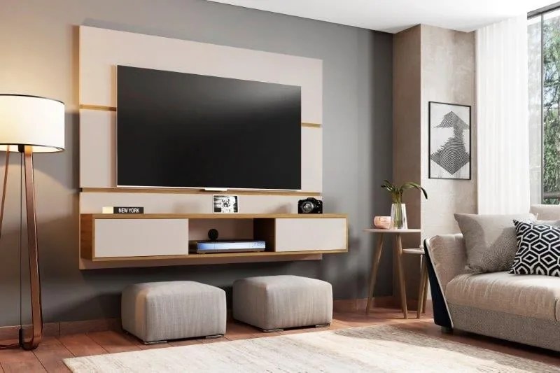 Painel para TV Âmbar Off White com Cinamomo - Móveis Bechara