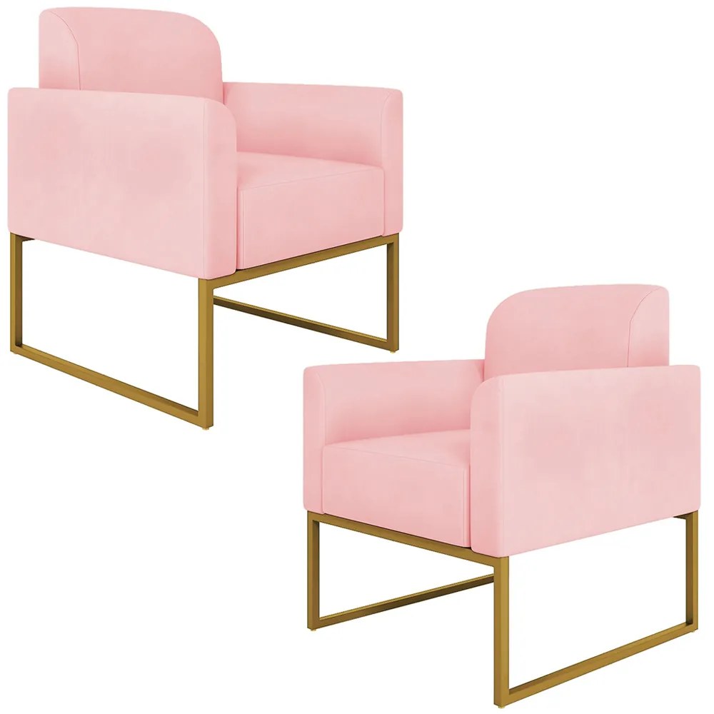 Kit 2 Poltronas Decorativas Isabella Base Industrial Suede Rosa Bebê/Dourado G19