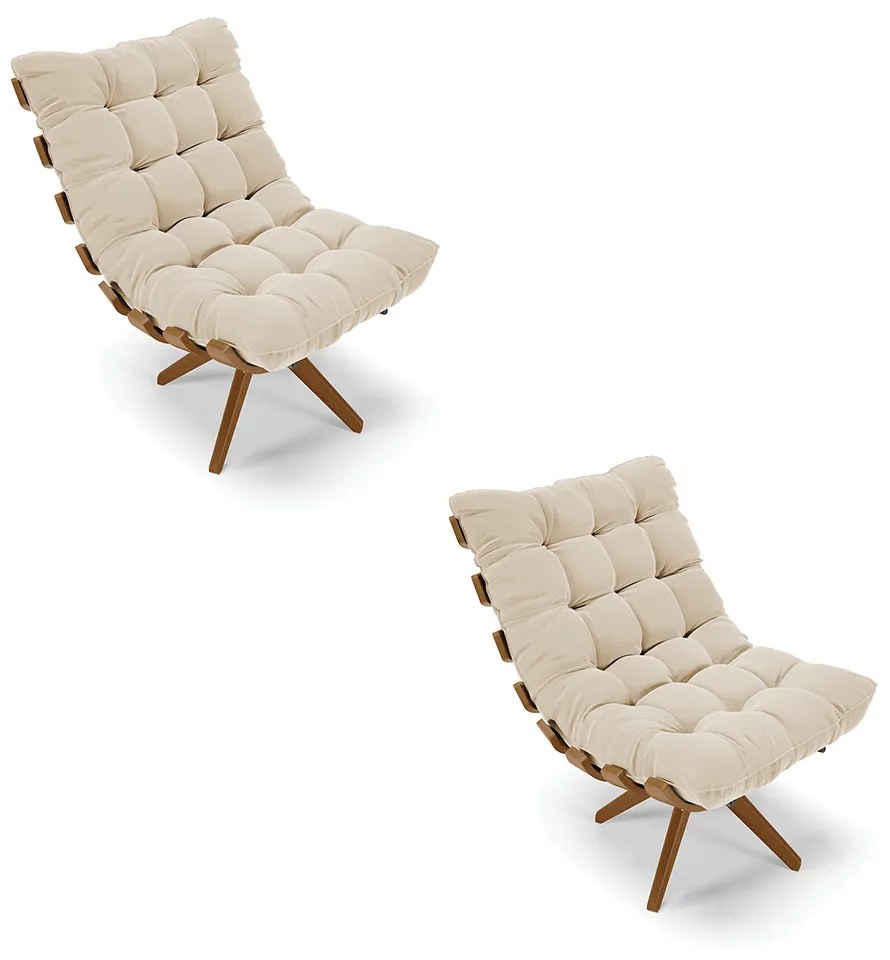 Poltrona Giratoria Costela Kit 2 Suede Base de Madeira MA30 M11 - D'Rossi - Bege
