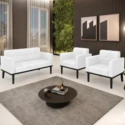 Sofá Namoradeira e 2 Poltronas Base Madeira Preto Ana Sintético PU Bra