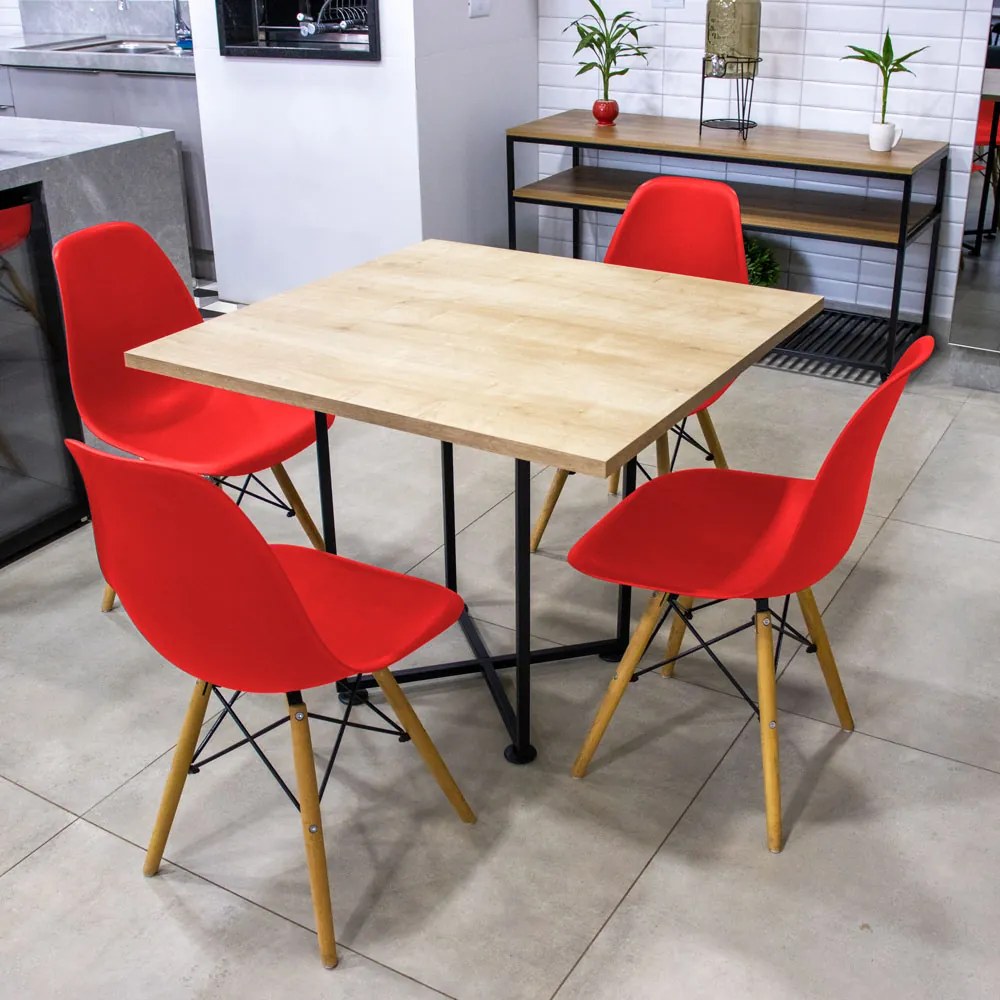 Kit 04 Cadeiras Eiffel Vermelho e 01 Mesa de Jantar 04 Lugares Jade 90 cm Natural Base Metálica Industrial Preto - D'Rossi