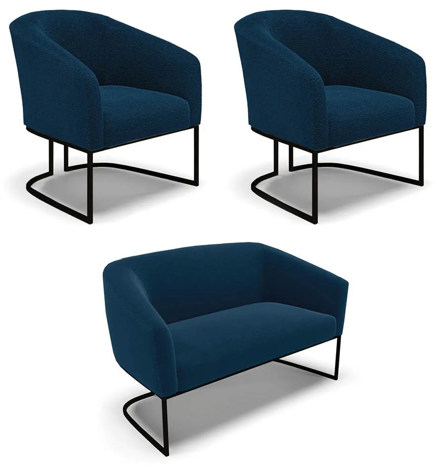 Namoradeira e 2 Poltronas Industrial Preto Stella Bouclê D03 - D'Rossi - Azul