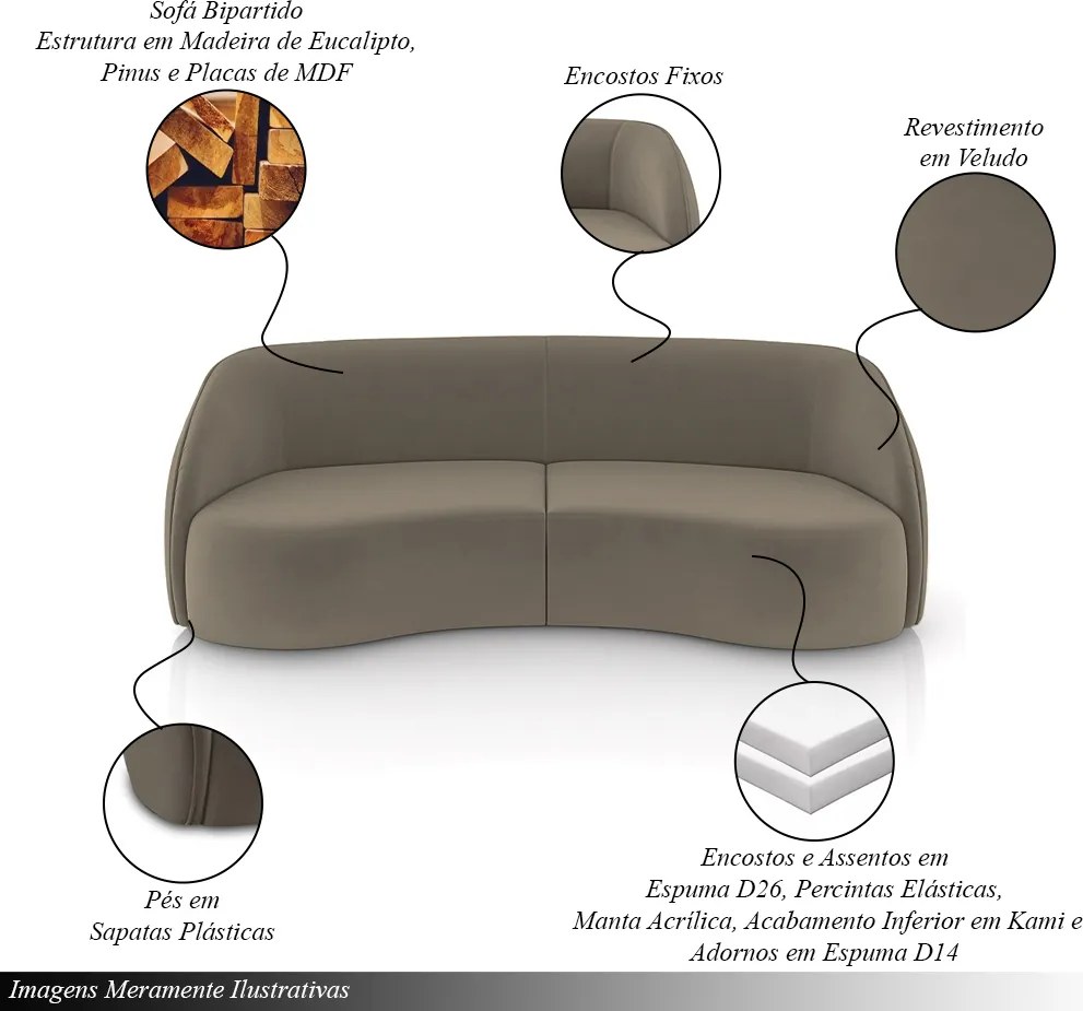 Sofá Decorativo Sala de Estar Bipartido 240cm Clarke Veludo Castor G45 - Gran Belo