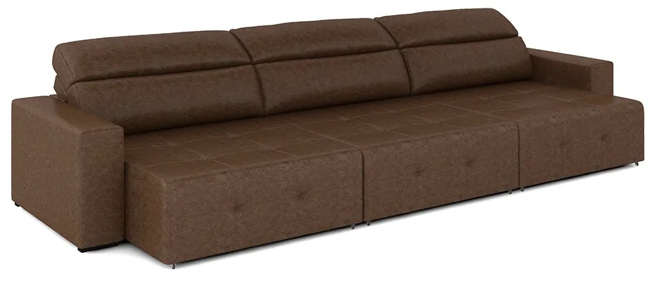 Sofá Retrátil 5 Lugares 314cm 3 Módulos Nero Couro Manchado G52 - Gran Belo