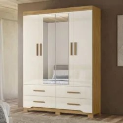 Guarda Roupa Casal 160cm Com Espelho Cancum Freijó/Off Z17   - Mpozena