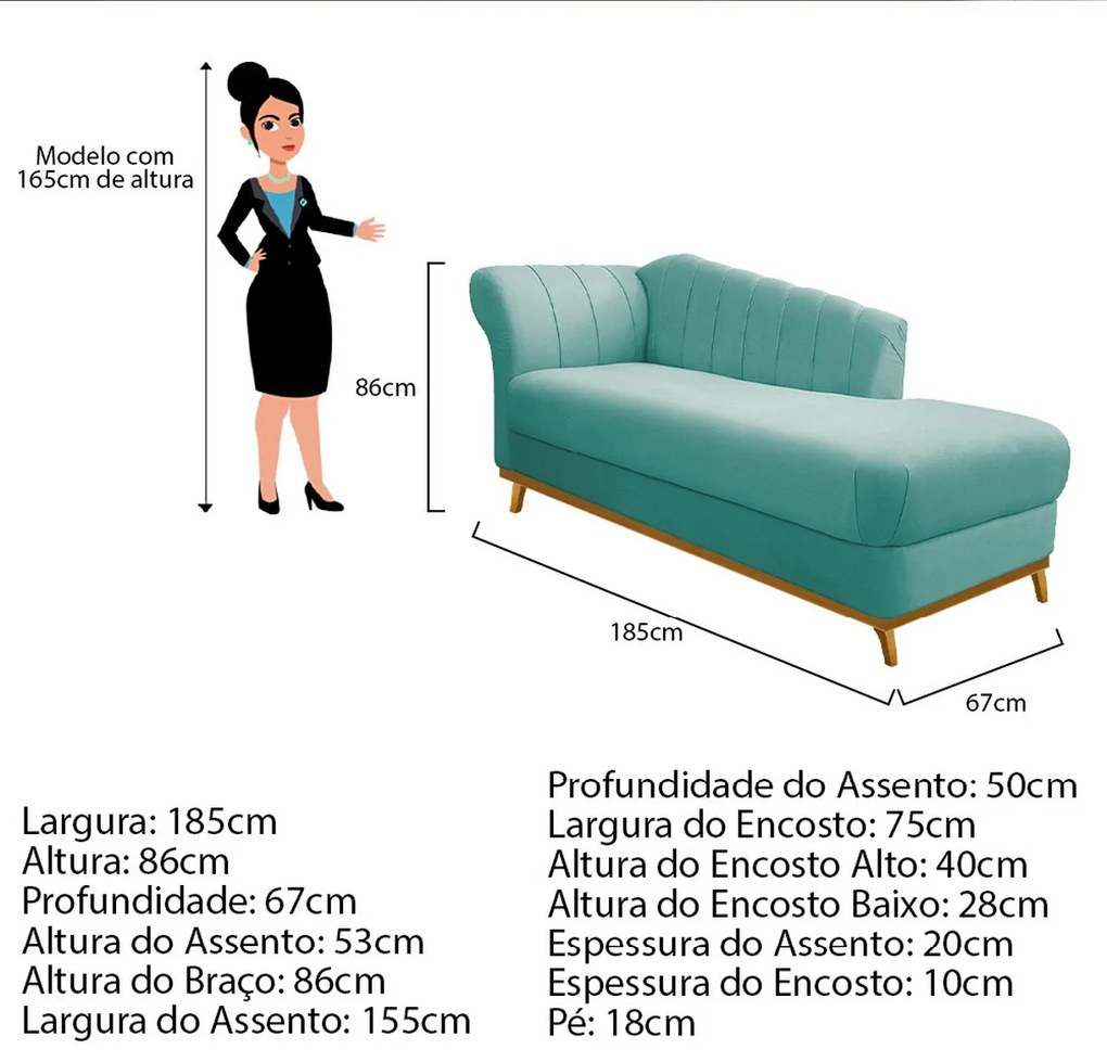 Recamier Vanessa 185cm Lado Esquerdo Suede Azul Tiffany - ADJ Decor