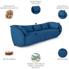 Sofá 3 Lugares 232cm Orgânico Pé Madeira Yume Veludo Azul Z55 - Mpozen