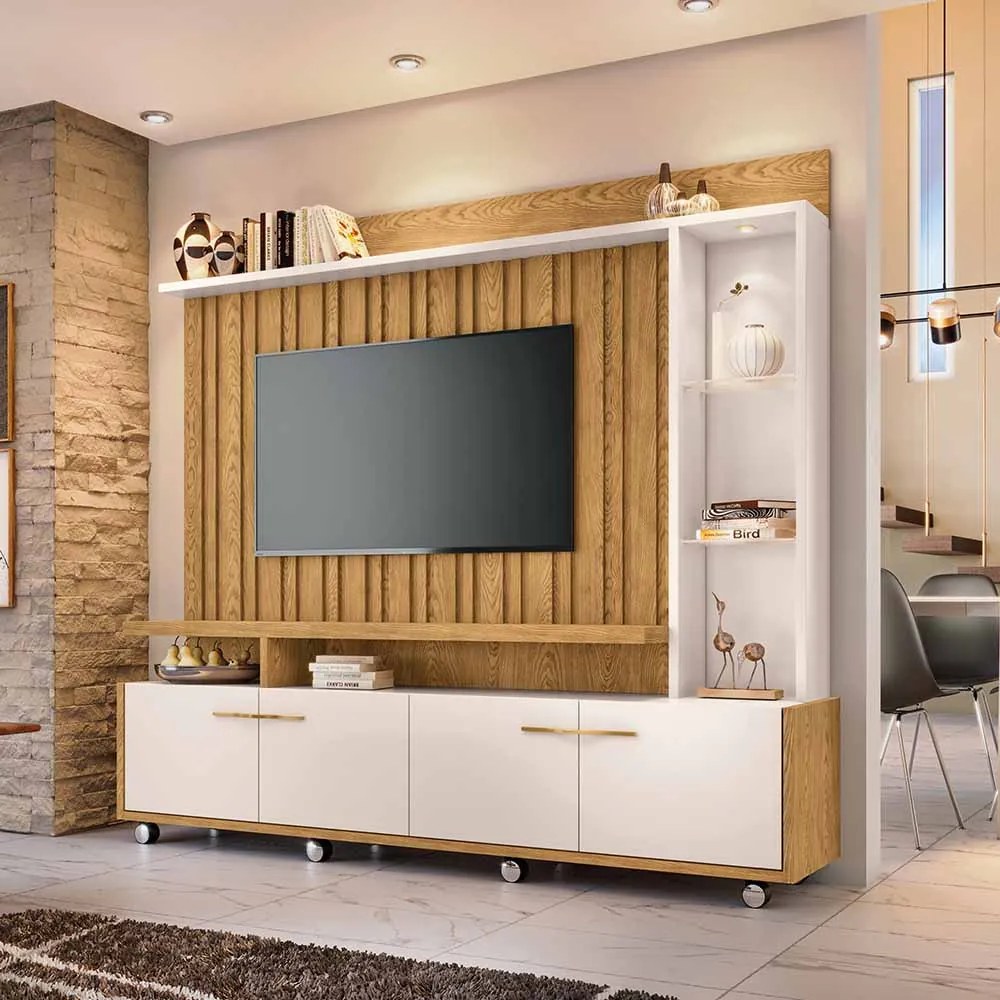 Home Theater Decorativo Perseu TV até 60 com Led Carvalho/Off White G26 - Gran Belo