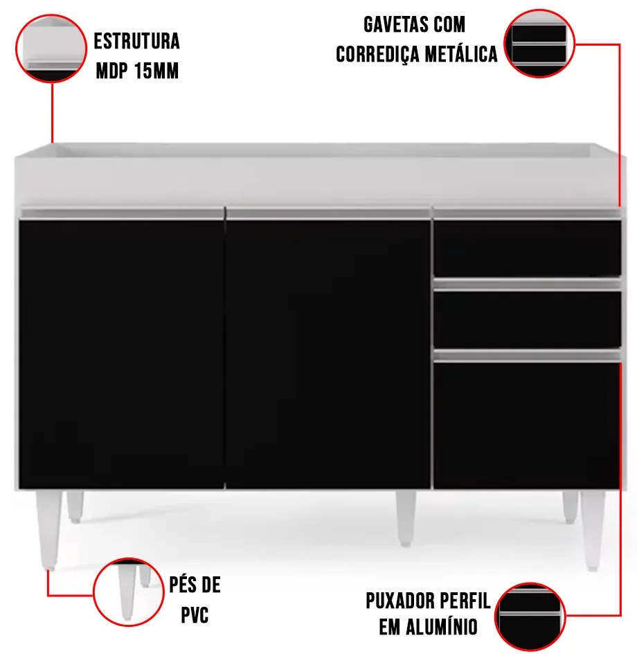 Balcão de Cozinha Lavanderia sem Tampo 02 Gavetas Beth 120 cm L06 - D'Rossi - Branco e Preto