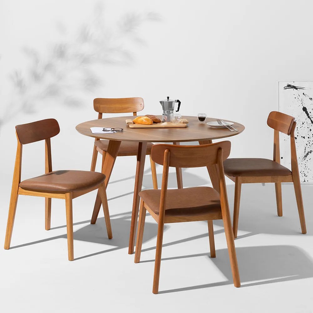 Conjunto Mesa de Jantar Square Redonda Freijó - 1,18m + 4 Cadeiras Nord Encosto Madeira Assento PU Cognac