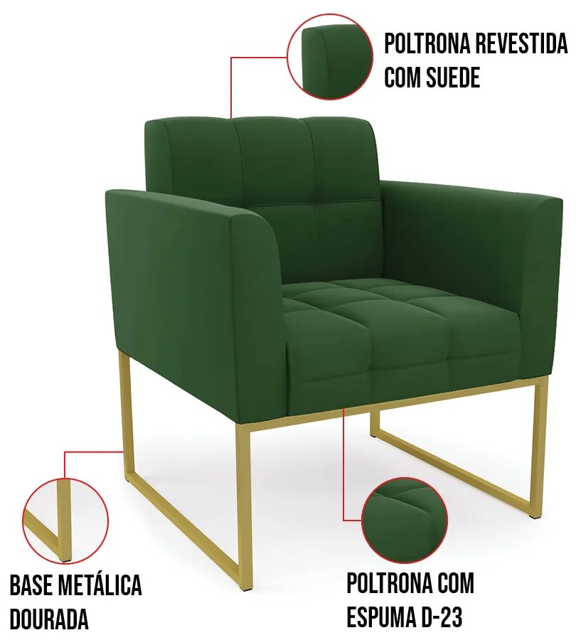 Kit 1 Sofá Namoradeira e 1 Poltrona Elisa Suede Base Metálica Industrial Dourado - D'Rossi - Verde