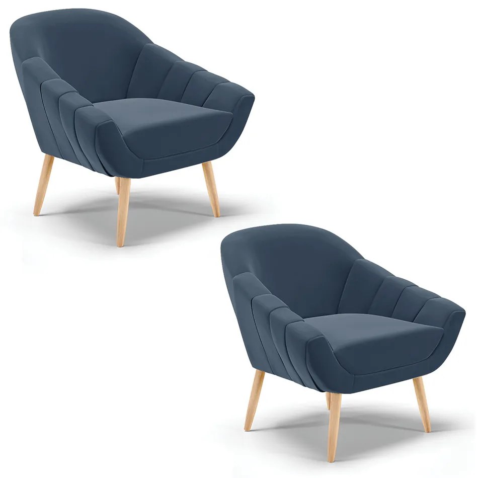 Kit 02 Poltronas Giovana Suede Azul Marinho Pés Palito Natural - Indo Decorar