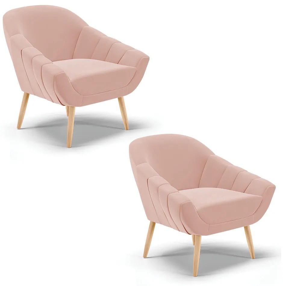 Kit 02 Poltronas Giovana Veludo Pés Palito Natural D03 - D'Rossi - Rose