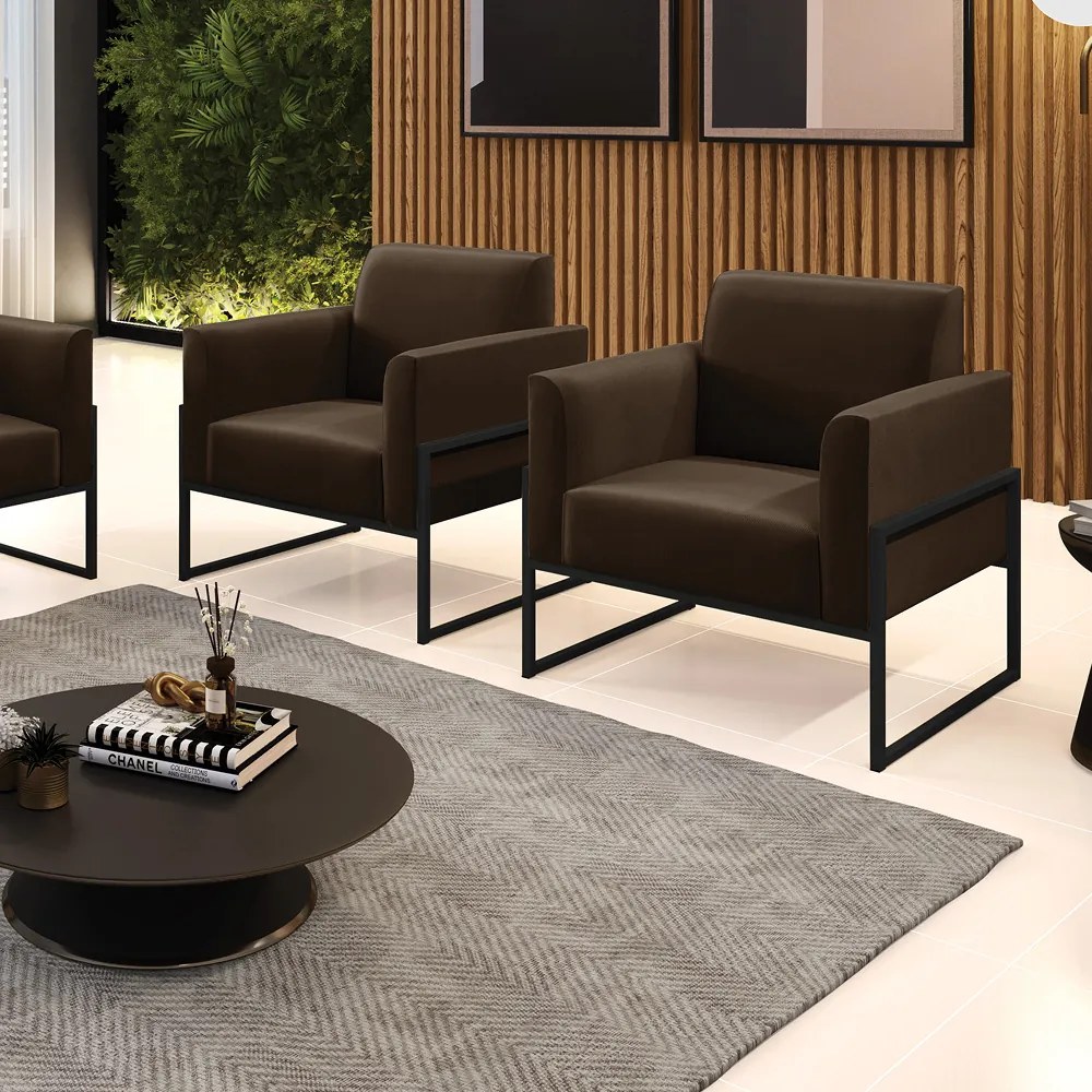 Kit 2 Poltronas Base Industrial Alta Preto Marisa Suede - Marrom