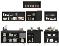 Armário de Cozinha Modulado de Canto 7 Peças CP24 com Pia Inox Preto/C