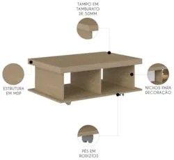 Mesa de Centro 90cm Para Sala Tamburato 50mm Kael Carvalho A09 - Mpoze
