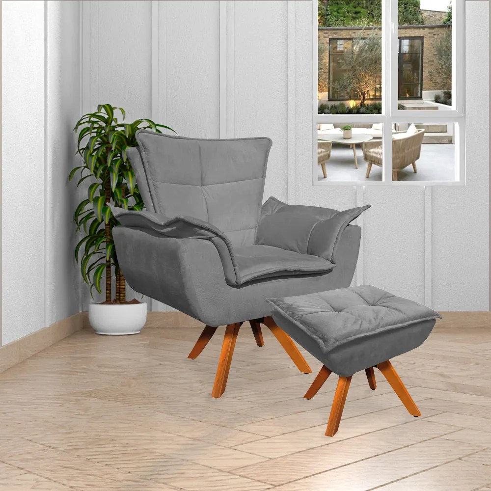 Puff Decorativo Base Giratória em Madeira Charger Suede Grafite G19 - Gran Belo