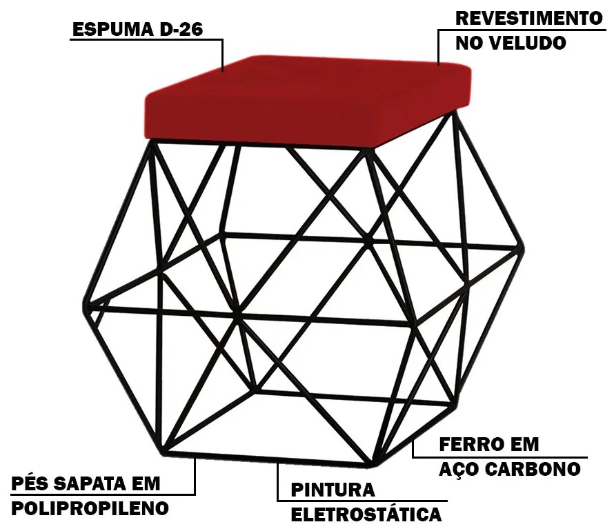 Puff Decorativo Sala de Estar Base Preto Trixie Veludo Vermelho G41 - Gran Belo
